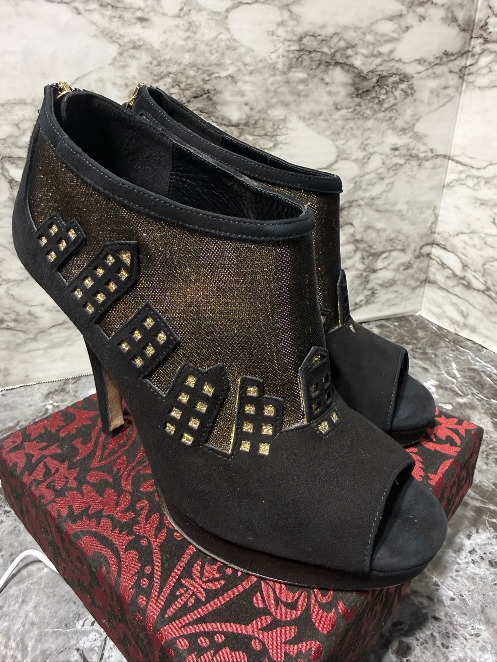 Kate Spade New York "Realtor" Black Suede Cityscape Peep-Toe Booties (6.5)EUC